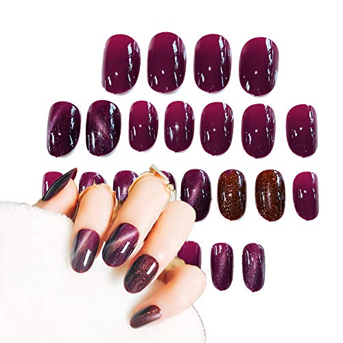 Micup Cat Eye Short Oval Fake Nails Tips Kit Chrome Bright UV Gel Nail Art Salon Full Cover Acrylic False Nails - 24Pcs Artificial Manicure Set (05)