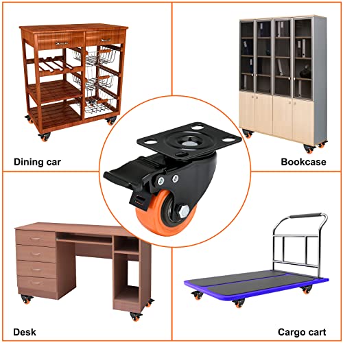 2 Charger les roues de roulette de pouce 600 Lbs, Roulettes en polyuréthane orange, Roues pivotantes de la plaque supérieure, Roulette 4, Roulettes de verrouillage pour meubles et travail,4 Roulettes avec frein