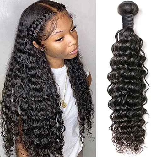 Deep Wave Single Bundles Human Hair Brazilian Virgin Hair Weave One Bundle Silky Deep Curly 12A Grade Unprocessed Hair Extensions Natural Black 1 Bundle 22 inch 100g/pc