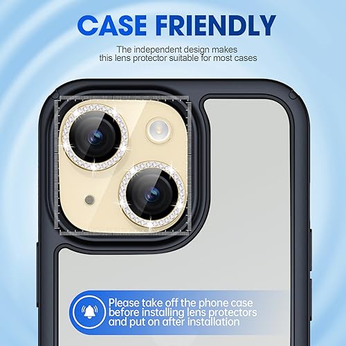 Image of Glass Camera Lens Protector Compatible For Iphone 15 /15 Plus Bling,Individual Metal Diamond Ring 9H Hardness Scratchproof Protector,Stylish Accessories,Case Friendly(Yellow Diamond)