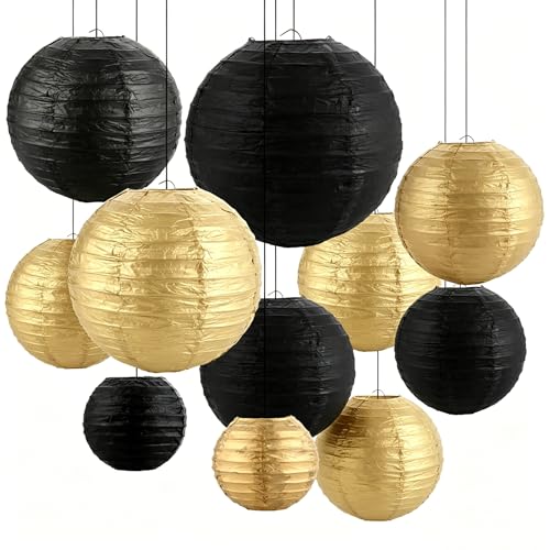 MIVIDE Lot de 16 Lanterne en Papier Noir et Doré, 10cm 15cm 20cm 25 cm Boule Chinoise Papiers, Lampion Papier Chinois pour Mariages, Anniversaires, Fêtes et...