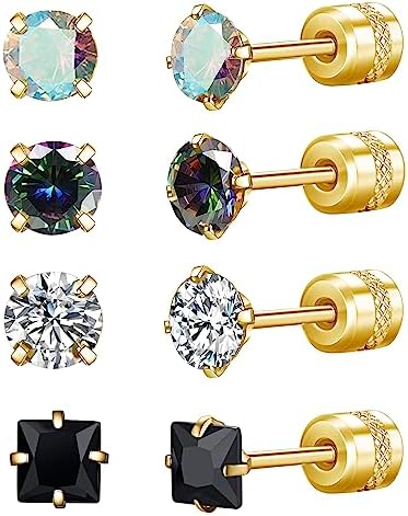 Titanium Screw Back Earrings Surgical Stainless Steel Hypoallergenic Stud Earrings for Women and Men 20G Rainbow 5A Cubic Zirconia Sleep Stud for Sensitive Ears 4mm 4 Pairs Gold