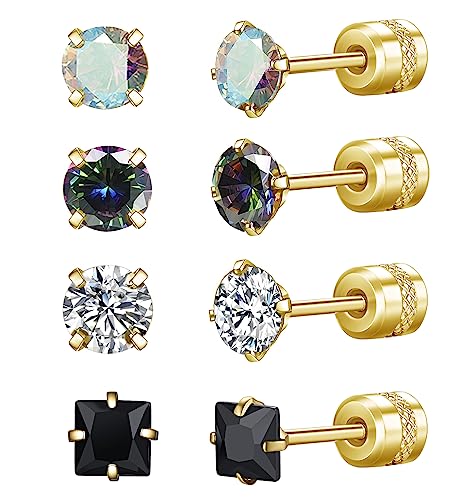Titanium Screw Back Earrings Surgical Stainless Steel Hypoallergenic Stud Earrings For Women And Men 20G Rainbow 5A Cubic Zirconia Sleep Stud For Sensitive Ears 4Mm 4 Pairs Gold #TOP3