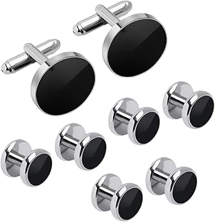 Elnuk Styles Black Silver Tuxedo Studs and Cufflinks Set, Mens Cuff Set Links Stainless Steel Tux Buttons with Box for Shirts Wedding Business Gift