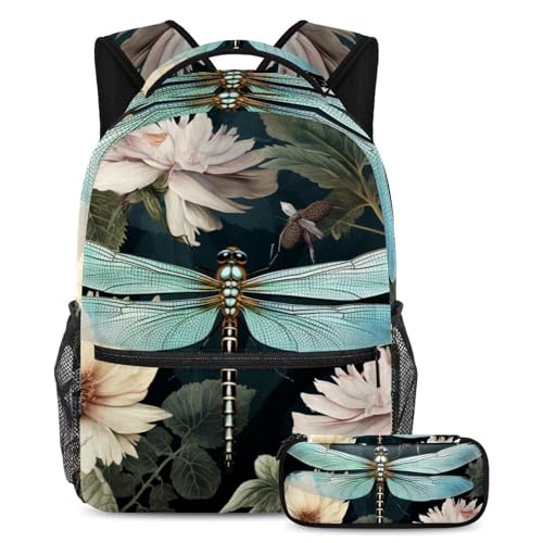 Sac à dos libellule avec fleurs de grande capacité et sa trousse scolaire robuste