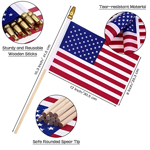 Image of Shimeyao 50 Pack 8 x 12 Inch Small American Flags on Stick, 250th Anniversary Mini Handheld Flags Stick with Solid Wooden Pole Safety Spear Tip for 4th of July Patriotic Independence Veterans Day