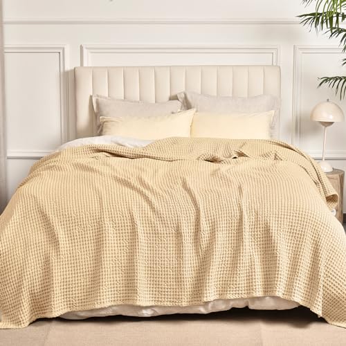 Image of PHF 400GSM 100% Washed Cotton Waffle Weave Blanket, Cozy Breathable Skin-Friendly Throw Queen Size for All Season, Luxury Fall Layer Bedspread for Couch Bed Sofa,Elegant Home Decor,Beige, 90 inch inch x90
