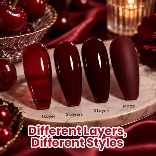 Image of Beetles Dark Red Gel Nail Polish - Cherry Allure 15ML Burgundy Red Jelly Gel Polish Sheer Translucent Cherry Wine Color Soak Off UV French Nail Art DIY Home Manicure Salon Nail Art Gift for Women