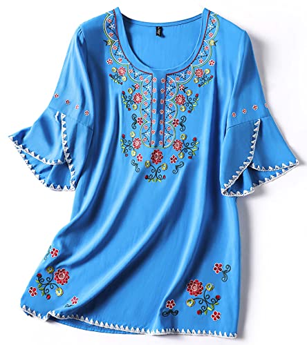 Image of Mexican Shirts Peasant Blouses Cotton Embroidered 3 /4 Sleeve Bohemian Tops Boho Clothes for Women Summer Fiesta