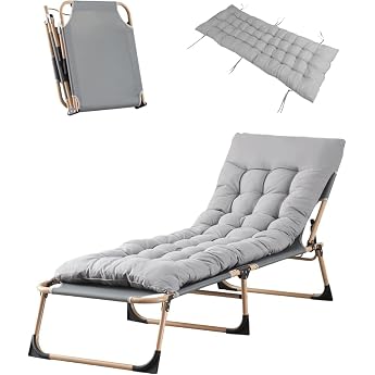 LSLIFE Folding Garden Sun Lounger Foldable Portable Multi-Use Camping Bed & Recliner for Garden/Beach/Pool/Patio Includes Padded Mattress & Pillow Grey 1 Piece