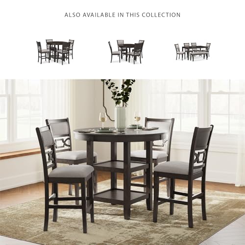 Image of Signature Design by Ashley Round Counter Height Dining Set for 4 | Built-in storage shelves, Beige polyester and foam stools, Solid wood and engineered wood frames, Cherry brown finish