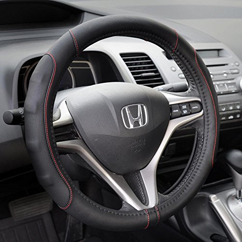 Image of Motor Trend Ergonomic Steering Wheel Cover /Protector for Small Size Steering Wheels in Cars, SUVs, Boats (13.5-14.5 inch) - Grip Drive Pro Comfort Grip (Black /Red Stitching)
