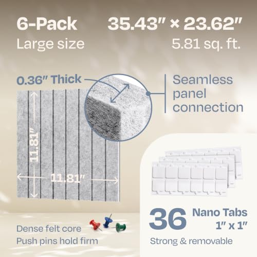 Image of Large Cork Board Alternative 6-Pack Felt Bulletin Board Thick and Decorative Pin Board for Home Office Walls 35.43 x 23.62 Inches with 36 Adhesive Tabs - [Light Gray]