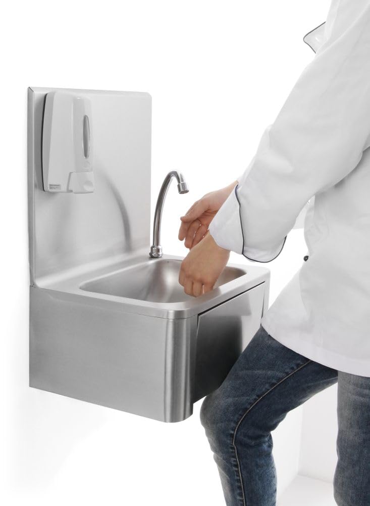 HENDI Lavamanos de Cocina con Grifo de Rodilla, Fregadero Higiénico con Mezclador Agua Fría/Caliente y Dispensador de Jabón, Desagüe Ø50mm, 400x330x(H)560mm, Acero Inoxidable