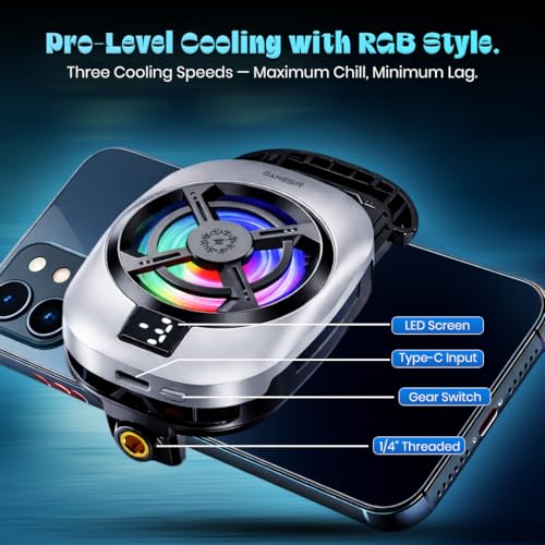 Image of GameSir Phone Cooler for Gaming, Semiconductor Cooling Chip, 5000 RPM 7-Blade Fan, 3-Level Cooling, RGB Light, Type-C Powered, LED Display, Clamp Mount Mobile Cooling Fan for Android & IOS-(White)