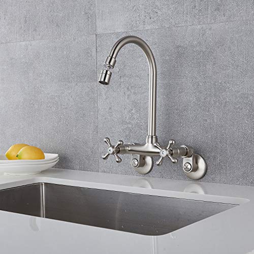Brushed Nickel Kitchen Sink Faucet Wall Mount 6 Inch Center Kitchen Wall Faucets 360 Degree Swivel Spout Double Cross Handles