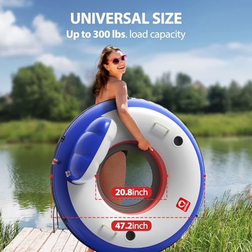 Image of QPAU Inflatable River Tube, 0.4 mm Thickened Puncture-Resistant Heavy Duty River Float, River Raft with Ergonomic Backrest, Mesh Bottom & 2 Cup Holders for Adults and Friends Lake Float