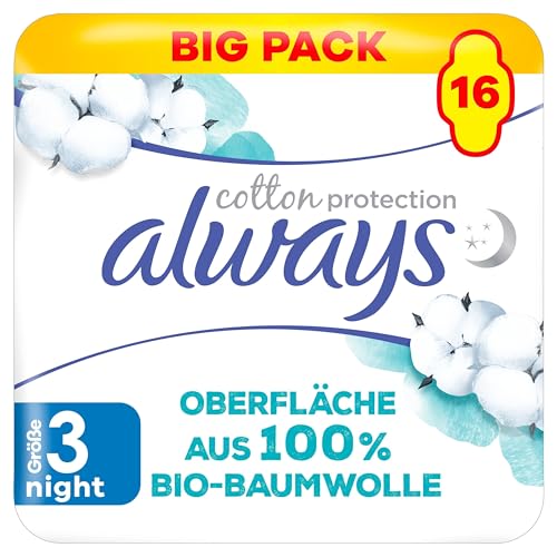 Always Cotton Protection Ultra Night Assorbenti igienici con ali X16, superficie in 100% cotone biologico