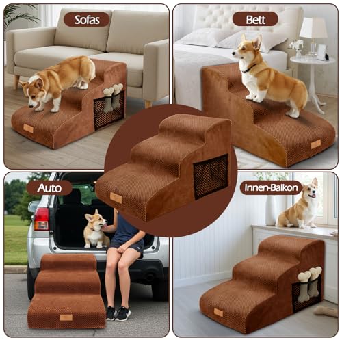 Eukue Hundetreppe 3 Stufen, Hundetreppen für Kleine Hunde und Katzen, Tragbare Hunderampe für Bett und Sofa, Hochdichtem Schaum Haustiertreppe mit Bezug und Tasche, Braun