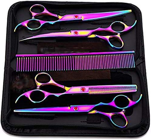 Powcan Pet Grooming Scissors Set, Professional Pet Trimmer Kit Stainless Steel Dog Cat Hair Care Thinning 7-inch Cutting Scissors, Thinning Shear, Curved Scissors, Grooming Comb
