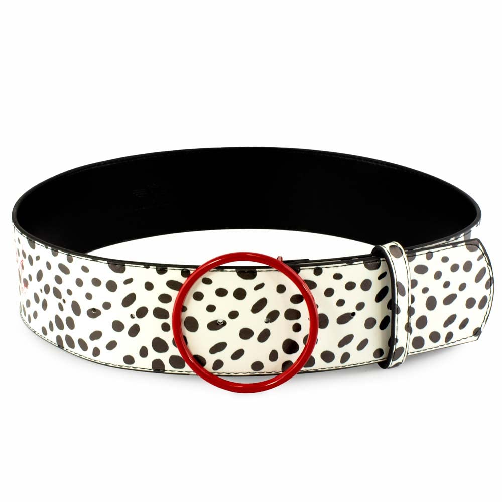 Buckle-Down Men's Disney, Cruella De Vil Red Cast, Dalmatian Spots White Black Vegan Leather Belt
