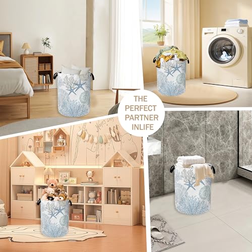 Image of Collapsible Laundry Basket,Coastal Beach Dirty Clothes Hamper,Watercolor Shell Starfish Coral Hampers for Bedroom Waterproof Oxford Cloth Storage Organizer for Bathroom,Nursery,Dorm,16x20 Inch