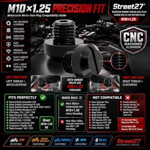 Image of Street27 Rearview Mirror Thread Hole Plug Screw Bolts for Motorcycles Aluminum Alloy Vibration-Resistant Durable and Perfect for Replacement or Custom Applications