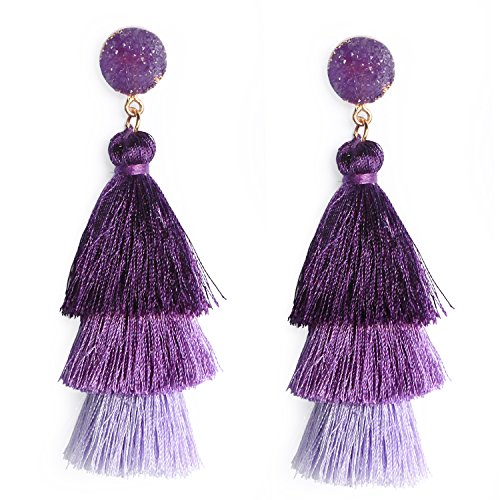 Me&Hz Colorful Layered Tassel Purple Dangle Earrings for Women Statement Large Mardi Gras Tassel Earring Lavender Purple Ombre Birthday Party Christmas Gift