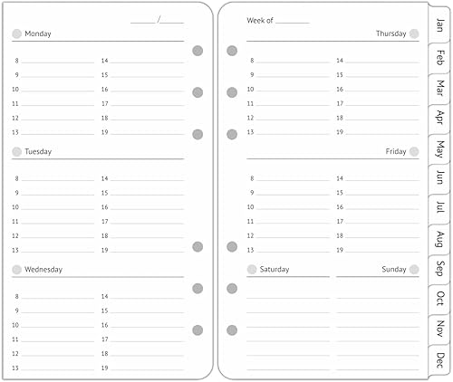 Recambios de planificador A6 sin fecha, 2 páginas por semana con horario por hora, pestañas mensuales, páginas de notas adicionales, comienza en