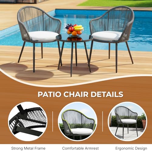 Image of DEVOKO 3 Piece Outdoor Rope Furniture Set - Patio Seating Chair and Table Set with 2 Chairs and 1 Table, Balcony Coffee Table Set (Dark Grey and Off-White)