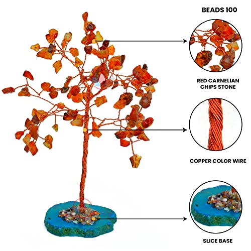 Image of REMEDYWALA Charged Energized Red Carnelian Crystal Tree with Agate Slice Base for Reiki Healing, Red Carnelian Stones Crystal Tree 100 Beads