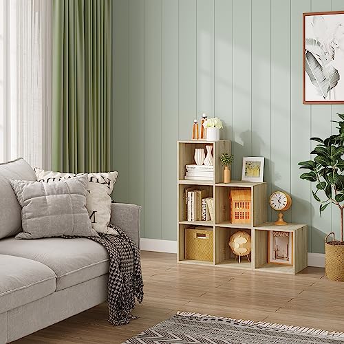 WOLTU Regal für Buch Spielzeug, Bücherregal mit 6 Fächern, Schrank für Wohnzimmer Schlafzimmer, Raumteil aus Holzewerkstoff, Würfelregal Stufenregal 90x90x30 cm, helle Eiche, SK027hei