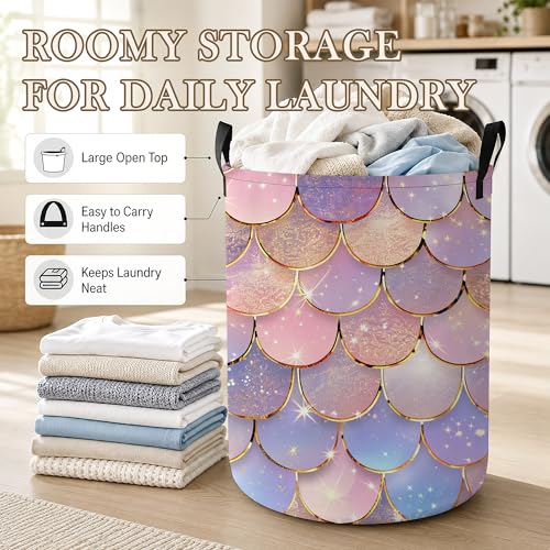 Image of Pastel Mermaid Laundry Hamper, Scale Glitter Laundry Baskets, Waterproof Oxford Cloth for Room /Bathroom /Bedroom /Dormitories 16x20.8 Inch