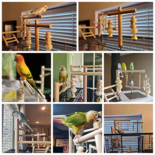 Image of QBLEEV Bird Cage Play Stand Toy Set-Birdcage Wood Stands Hanging Chew Toys Ladder Swing Parrot Perch Play Gym Playground Accessories Activity Center for Conure, Parakeets, Budgie, Cockatiels,Lovebirds