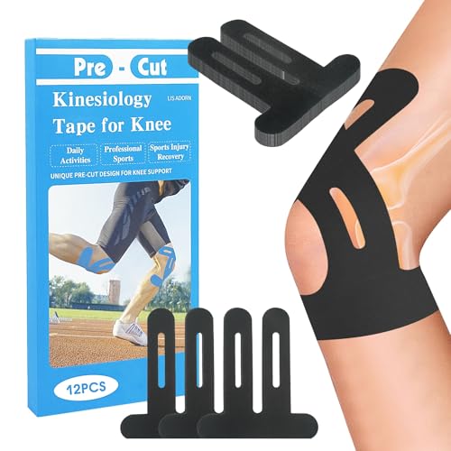 12PCS Precut Kinesiology Tape for Knees | Athletic Tape | Original Cotton & Elastic Kinesiology Athletic Tape – Knee Support & Stability & Pain Relief | Latex-Free | Breathable & Waterproof (Black)
