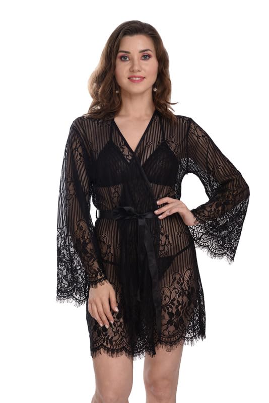 love maker Women's Net Above Knee Babydoll Nightwear Dress with Thong S-3XL Black-picture-55
