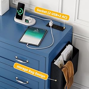 DWVO Farmhouse 6 Drawer Dresser for Bedroom, 31.5 Inch Tall Modern Dresser TV Stand with Large Drawers & Bar Handles, Storage Dressers with Power Outlets, Rustic Wood Chest of Drawers, Blue New DWVO Farmhouse 6 Drawer Dresser for Bedroom 315 Inch Tall Modern Dresser TV Stand with Large Drawers Bar Handles Storage Dressers with Power Outlets Rustic Wood Chest of Drawers Blue New