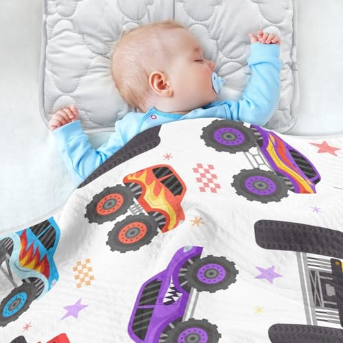 Image of Swaddle Blanket Cartoon Monster Trucks Cotton Blanket for Infants Receiving Blanket Lightweight Soft Swaddling Blanket for Crib, Stroller, Nursery Blankets, 30x40In