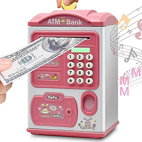 Hucha Infantil Niños, Alcancía con Huellas Dactilares y Bloqueo de Contraseña, Mini Caja Fuerte Electrónica para Cajero Automático Bancos, Juguete de Regalo de Cumpleaños (Rosa)