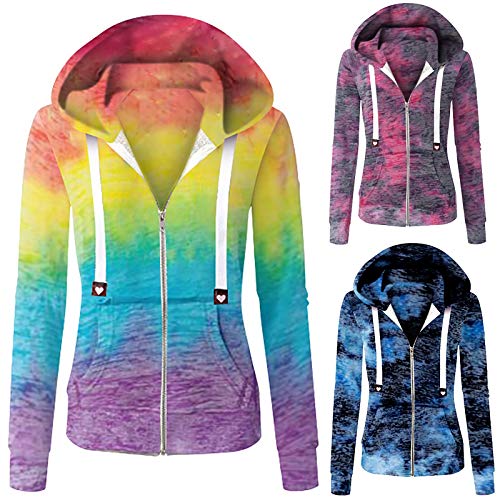 Women Casual Full Zip Up Hoodie Tie-Dye Gradient Top Long-Sleeve Pockets Shirts Drawstring Sports Sweatshirt Yellow #TOP2