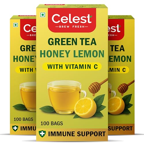 Image of Celest Lemon & Honey Green Tea with added Vitamin C, 100 Tea Bags | Honey lemon Green Tea | Pack Of 3 | Total 300 Teabags