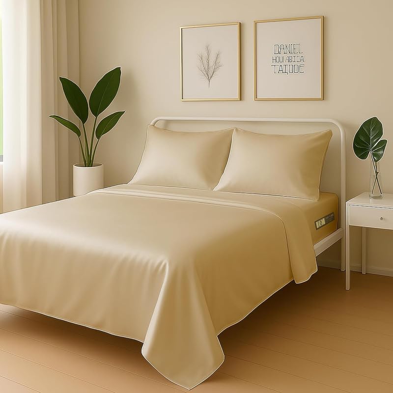 Image of Day Care-Luxury Satin Flat King Size (92x106 Inchs) Bedsheet|Ultra Soft Silky Smooth Touch|Breathable, Lightweight & Skin Friendly|Wrinkle Resistant|Beige