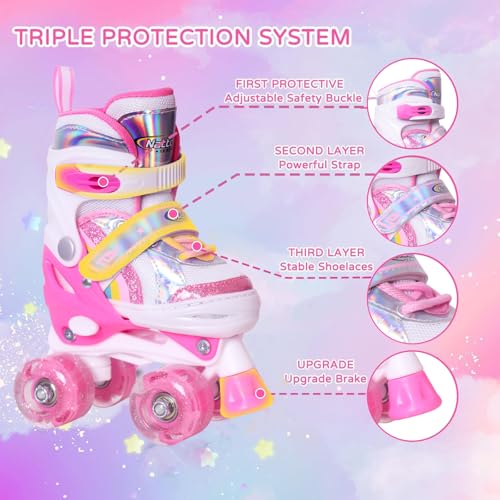 Image of Girls Roller Skates for Little Kids Toddler Ages 5-8 4 5 6 7, 4 Size Adjustable Rainbow Unicorn Quad Skates with All Light Up Wheels - Best Birthday Gift for Outdoor Sports