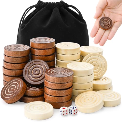 Yarlung Juego de 48 piezas de damas de madera solo con 2 dados, juego de damas de backgammon de madera de 1 1/4 pulgadas con bolsa de cordón para repuesto o piezas de repuesto
