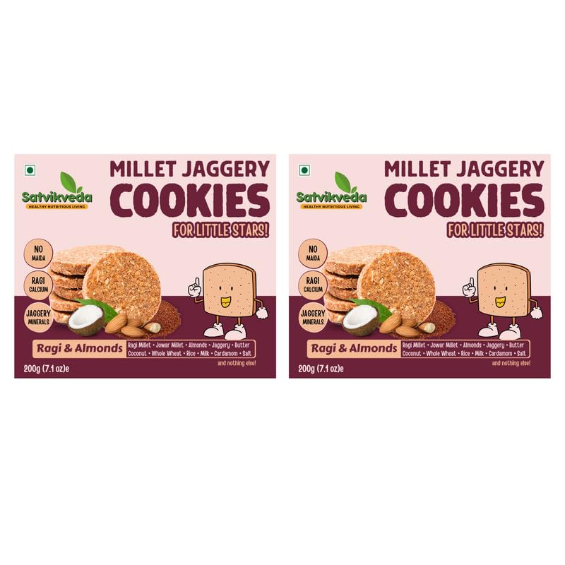 Satvikveda Millet Jaggery Biscuits - Ragi Almonds Cookies 200 grams (Pack of 2) | Clean Snacks for Kids & Adults | Junk Free Snack | No Maida, Sugar & Palm Oil | Goodness of Millets, Butter and Almond (B0D45FWG29) Amazon Price History, Amazon Price Tracker