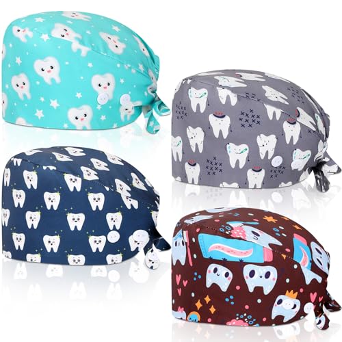 Image of Unittype 4 Pcs Nurse Caps for Women Nursing Working Caps with Button and Sweatband Adjustable Elastic Scrub Hats for Dentist