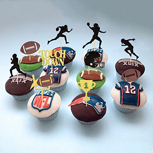 Zhuoweism ZW686 36 Pcs Rugby Ball Cupcake Toppers Glitter Trophy Amecian Football Cupcake Picks Touchdown Player Cake Decorations For Super Bowl Rugby Sports Theme Baby Shower Kids Birthday Party thumb #3