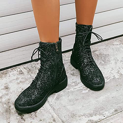 Yiya Women's Lace Up Glitter Sequin Combat Boots Round Toe Chunky Low Heel Side Zipper Sparkly Ankle Booties #TOP4
