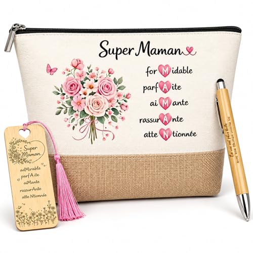 Coffret Cadeau Maman avec Trousse Maquillage en Jute, Marque-Page Bois Et Stylo Bambou - Idée Cadeau Fete des Meres Original, Anniversaire, Noël - Super...