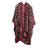 Genovega Boho Floral Burnout Velvet Kimono Front Opent Cardigan Velvet Poncho Cape Ruana Shawls Wraps